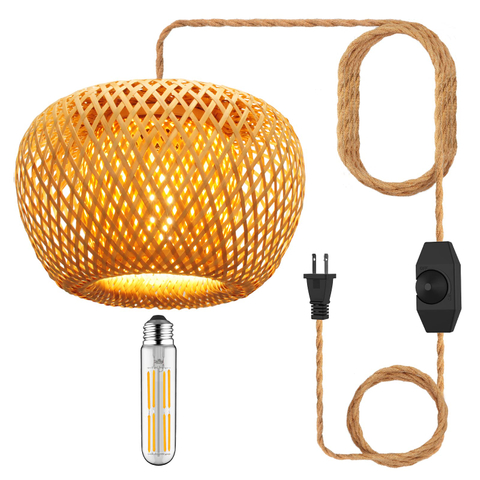 Plug in Pendant Light Fixture with Hand Woven Bamboo Lamp Shade Dimmer Switch Hanging Lights with Plug in Cord Boho Wicker Rattan Hanging Lamp for Living Dinning Room Bedroom Kitchen Island 