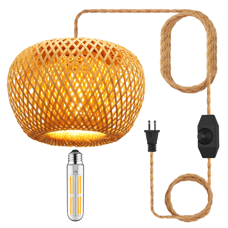 Plug in Pendant Light Fixture with Hand Woven Bamboo Lamp Shade Dimmer Switch Hanging Lights with Plug in Cord Boho Wicker Rattan Hanging Lamp for Living Dinning Room Bedroom Kitchen Island 