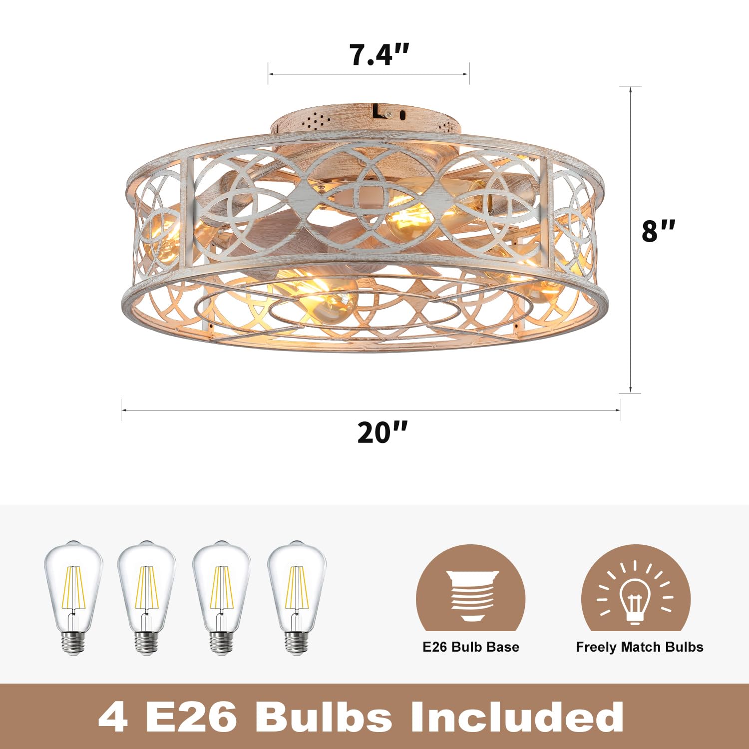 20"Caged Ceiling Fans with Lights Remote Control Industrial Low Profile Flush Mount Ceiling Fan,Farmhouse Bladeless Small Ceiling Fan with Light 4 Bulbs 6 Speed Reversible for Kitchen,Bedroom 