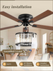 56 Inch Farmhouse Chandelier Ceiling Fan with Remote Control, Black Indoor Crystal Ceiling Fan with 6-Speeds, Quiet Reversible DC Motor, Flush Mount Ceiling Fan with Lights for Bedroom, Living Room 