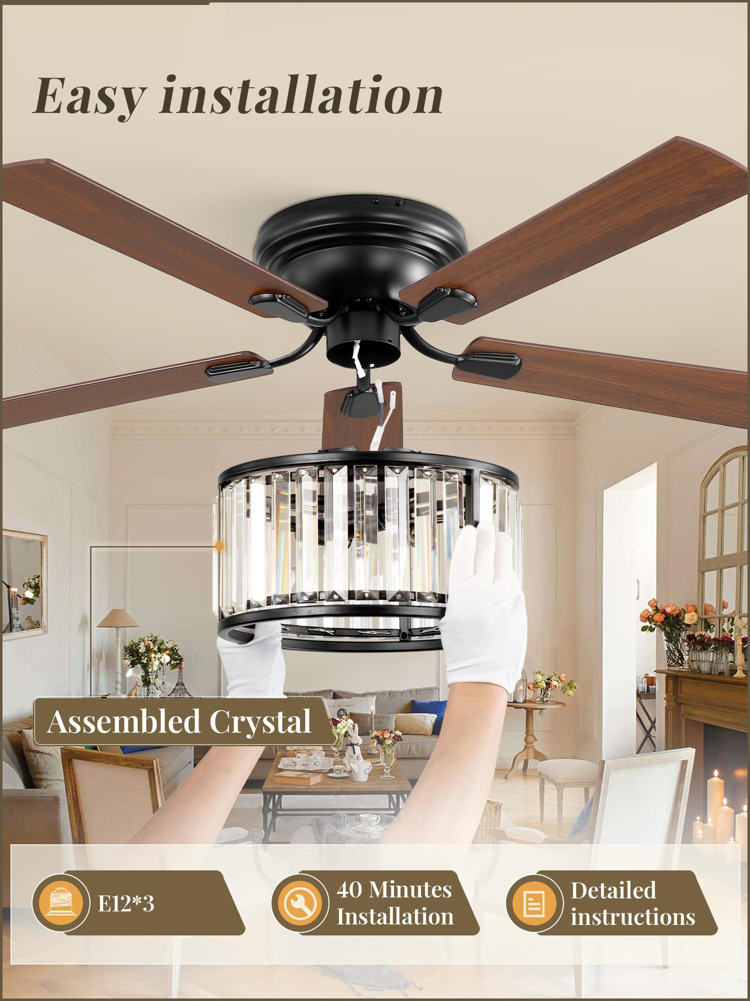 56 Inch Farmhouse Chandelier Ceiling Fan with Remote Control, Black Indoor Crystal Ceiling Fan with 6-Speeds, Quiet Reversible DC Motor, Flush Mount Ceiling Fan with Lights for Bedroom, Living Room 
