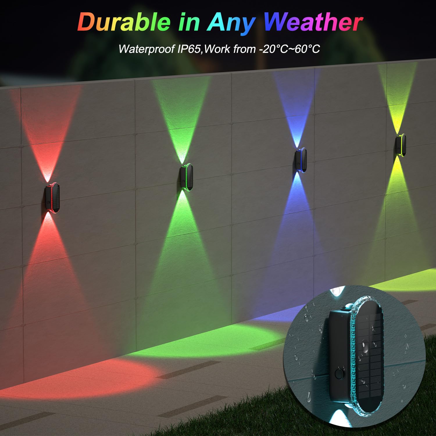 Solar Fence Lights, Fence Lights Solar Powered 8 WRGB Color Modes, Up & Down Waterproof Solar Wall Lights Outdoor, Bright Focus Lens Solar Lights for Yard/Pool/Porch/Patio/Railing 