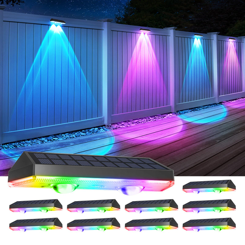 Solar Fence Lights Outdoor , Warm White & RGB Changing Solar Deck Lights, IP65 Waterproof Solar Lights Outdoor, LED Solar Powered Lights for Outside House Wall Backyard Railing Patio