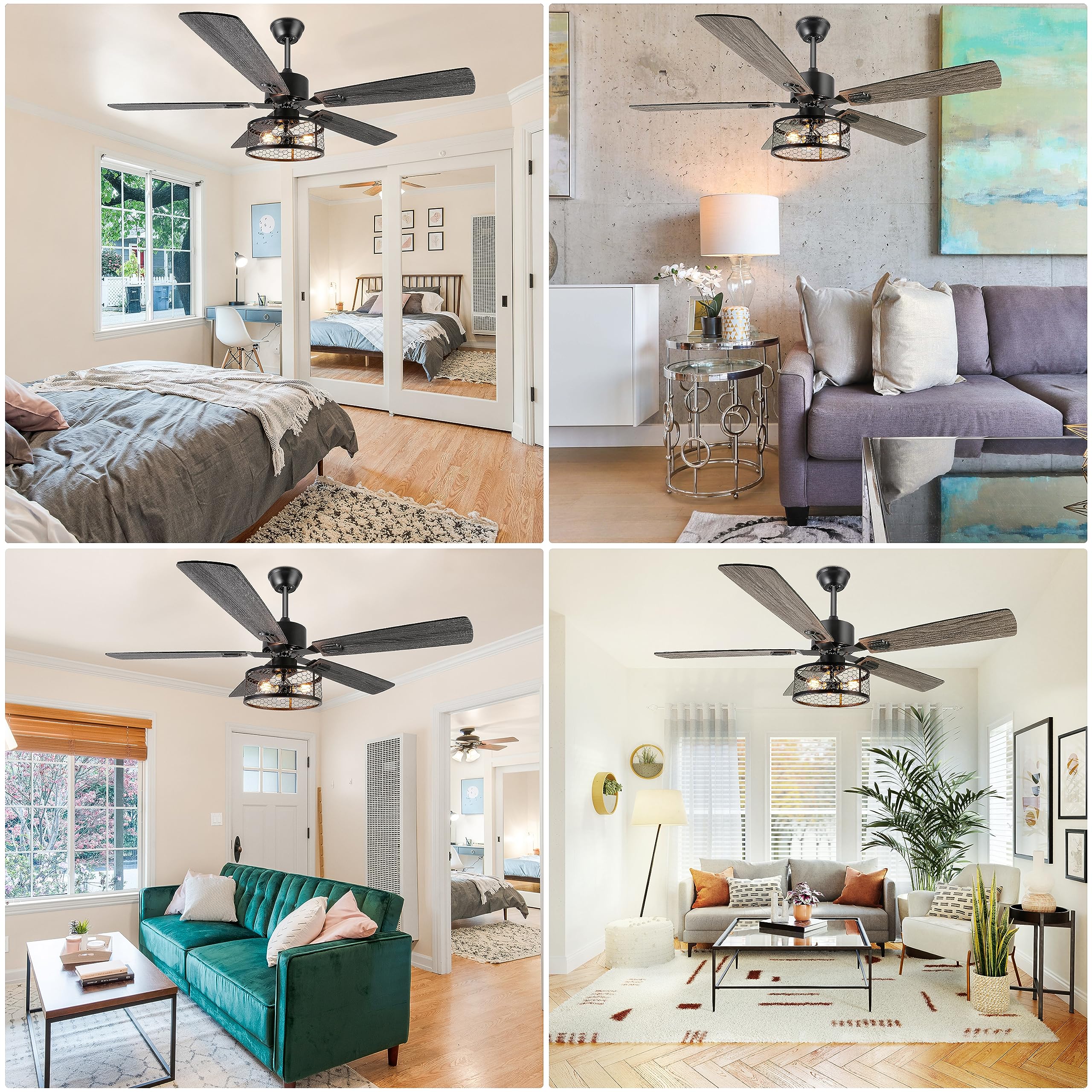  52 Inch Farmhouse Ceiling Fan with Lights and Remote,3-Lights Ceiling Fan with Caged Light Fixture,Rustic Ceiling Fan for Patio, Livingroom, Bedroom, Dining Room 