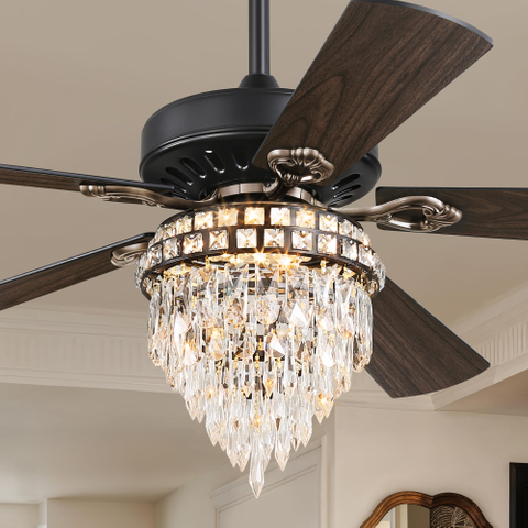 52 Inch Farmhouse Fandelier Ceiling Fan with Light, Crystal Ceiling Fan Chandelier with 6 Speeds, Quiet Reversible Noiseless DC Motor, 3CCT, Indoor Ceiling Fan for Living Room Bedroom 