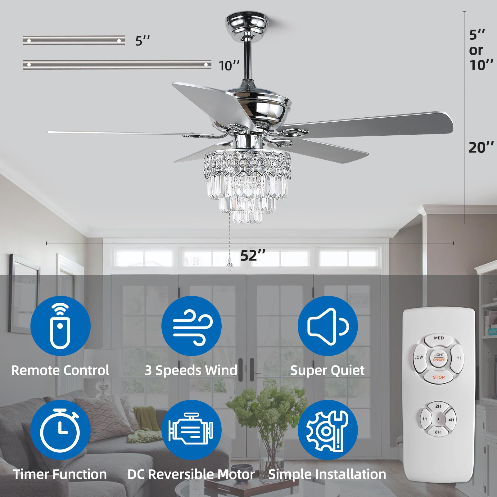 52″ Crystal Ceiling Fan with Lights and Remote Control, Modern Chandelier Fan with Dual Finish Reversible Blades, Quiet Indoor Fanderlier for Living Room, Dining Room, Bedroom