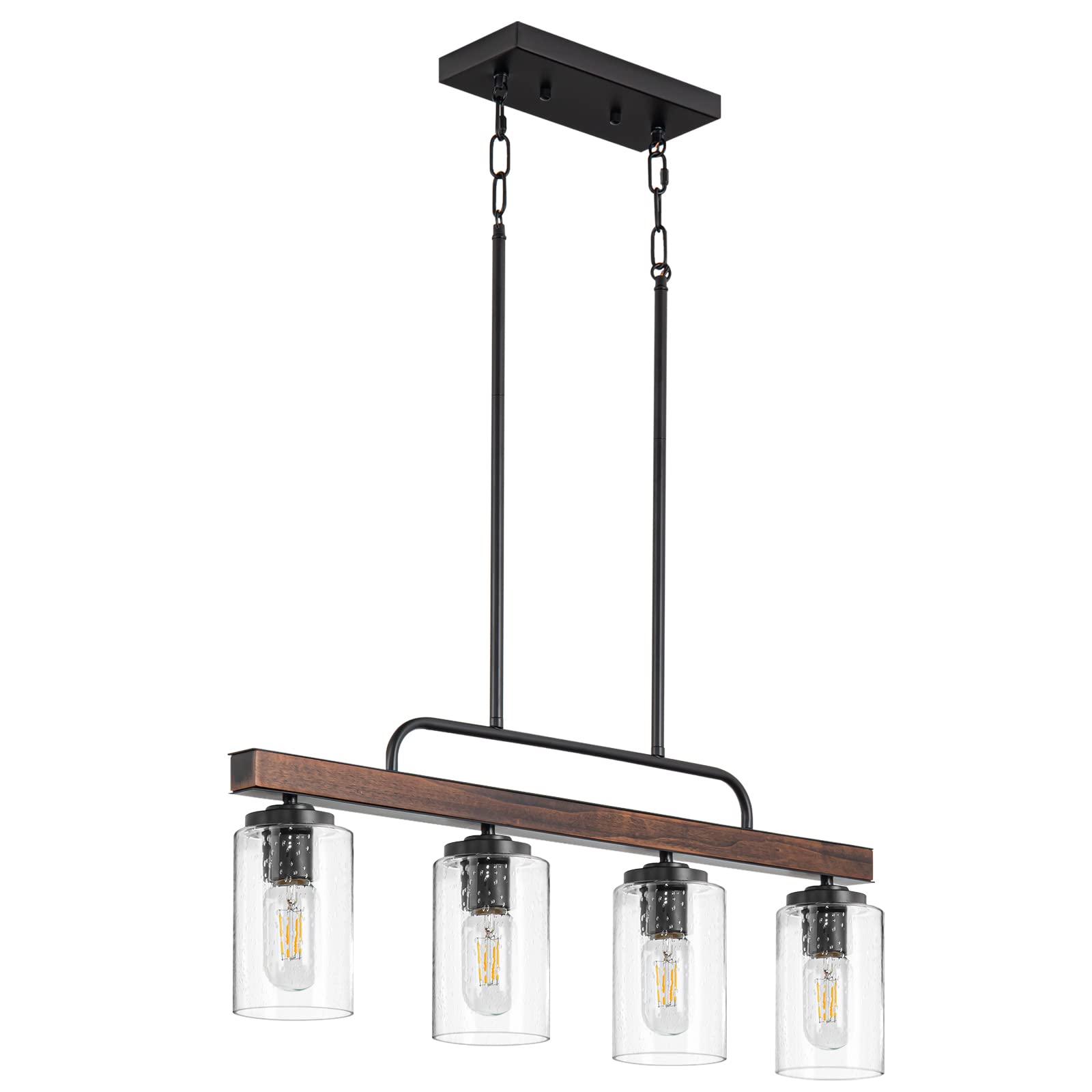 Farmhouse Dining Room Light Fixture, 4-Light Wood Kitchen Island Lighting, Industrial Chandeliers for Dining Room Over Table Black Pendant Light with Seeded Glass Shade for Bar Restaurant 
