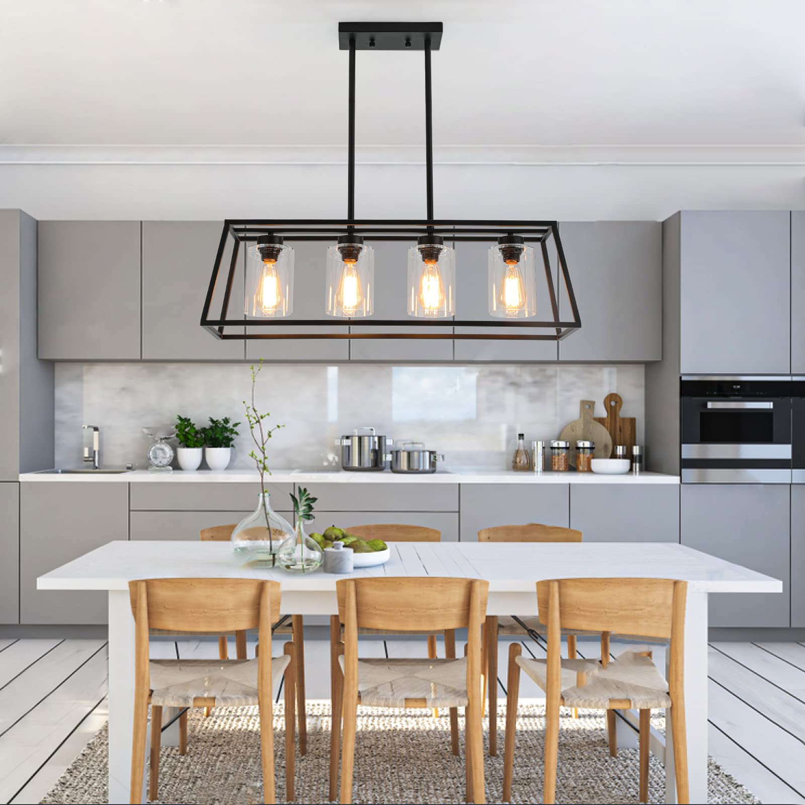 Dining Room Light Fixtures Over Table, Black Farmhouse Chandeliers for Dining Room 4/5/6-Lights with Cylinder Clear Glass, Apply to Rectangle Chandelier for Kitchen Island Bar Cafe 