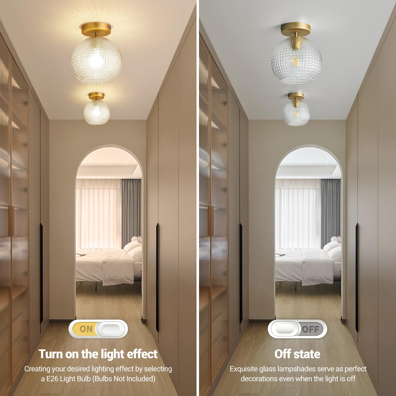Semi Flush Mount Ceiling Light Fixture, Hallway Lighting Fixtures Ceiling, Vintage Close to Ceiling Light Fixture, Globe Glass Ceiling Lamp for Bathroom Entryway, E26 Base (No Bulbs) 