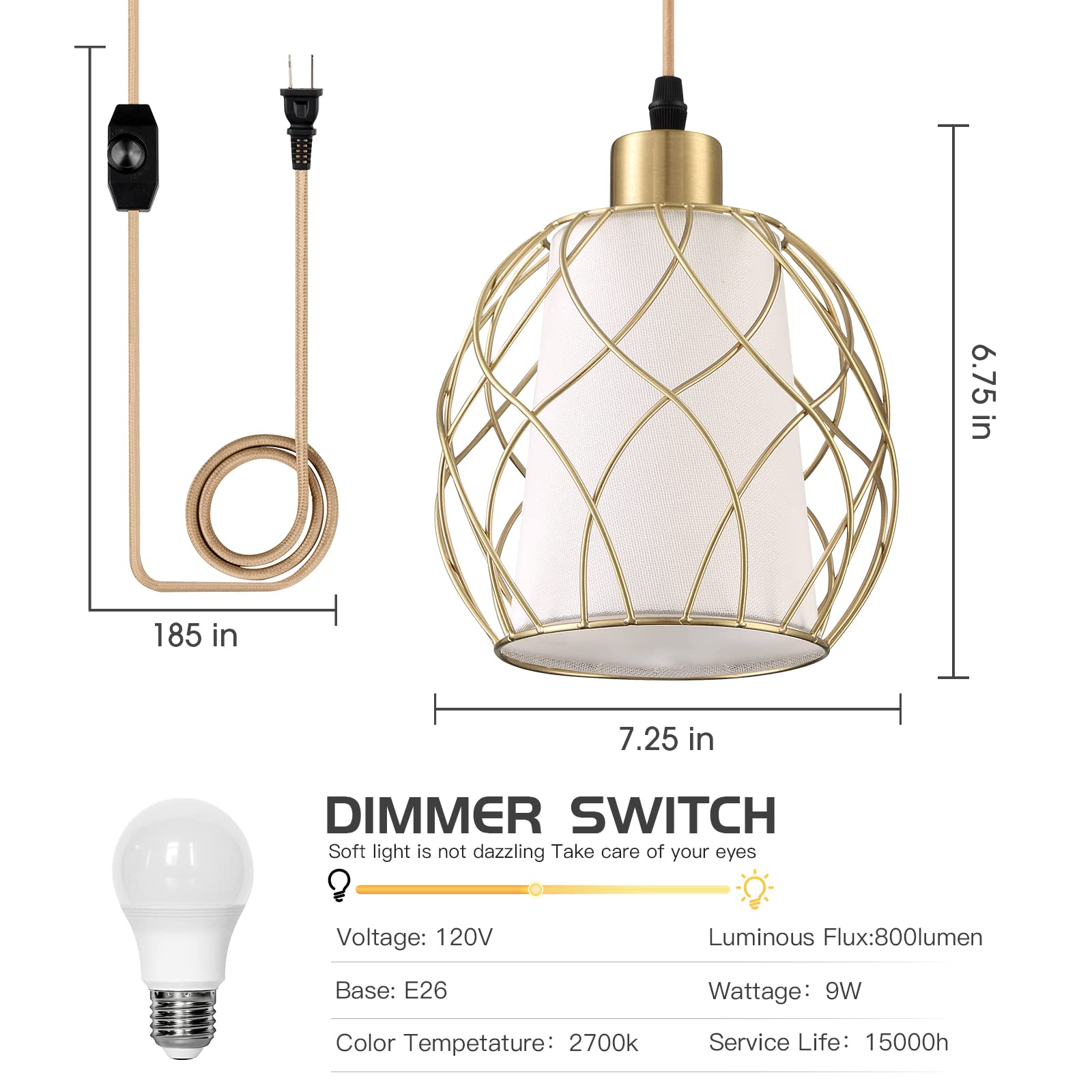 Plug in Pendant Light,Hanging Light with Plug in Cord,Black Hanging Lamp with Dimmable Switch,15 ft Golden Cotton Cord,Hanging Light Fixture for Kitchen Living Room Bedroom (Bulb Included) 