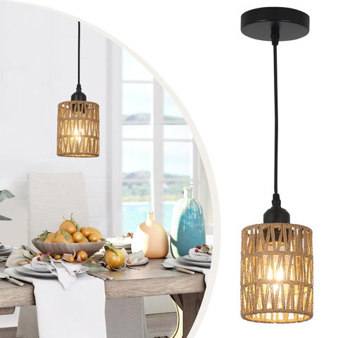 Rattan Pendant Lights Kitchen Island, Farmhouse Pendant Lighting with Hand Woven Wicker Shade, Boho Chandelier Light Fixtures Ceiling Hanging for Dining Room Bedroom Foyer Hallway 