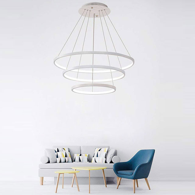 3-Rings Modern LED Chandelier Silver Pendant Lighting Circular Flush Mount High Ceiling Light for Living Dining Room Bedroom Foyer 4000K Ø80cm+Ø60cm+Ø40cm