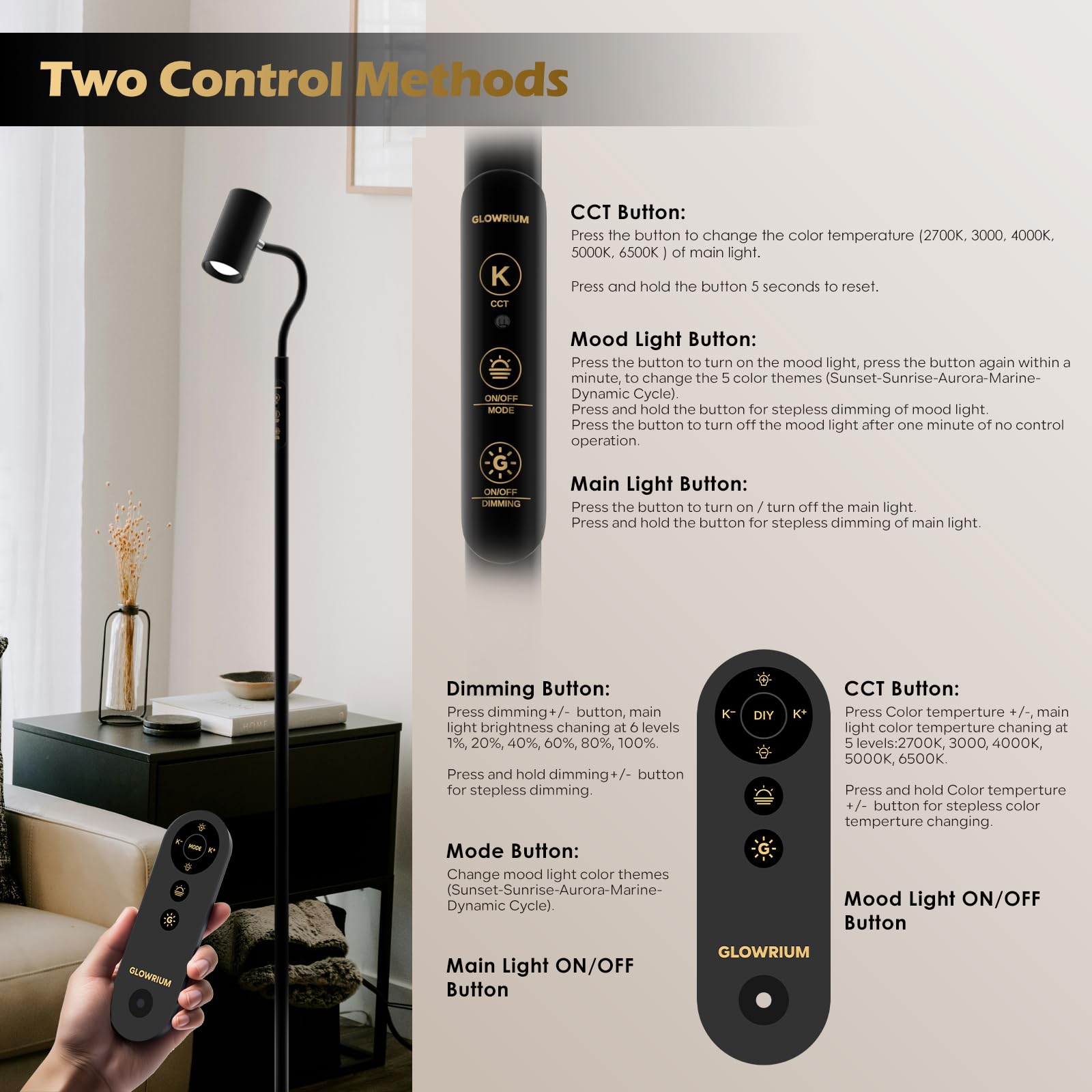 Reading Floor Lamp H2,Dual-Side Floor Lamps for Living Room,Bedroom,5 Color Temperatures and 5 Atmosphere Lighting Modes,Adjustable Gooseneck Reading Floor Lamp for Home and Office