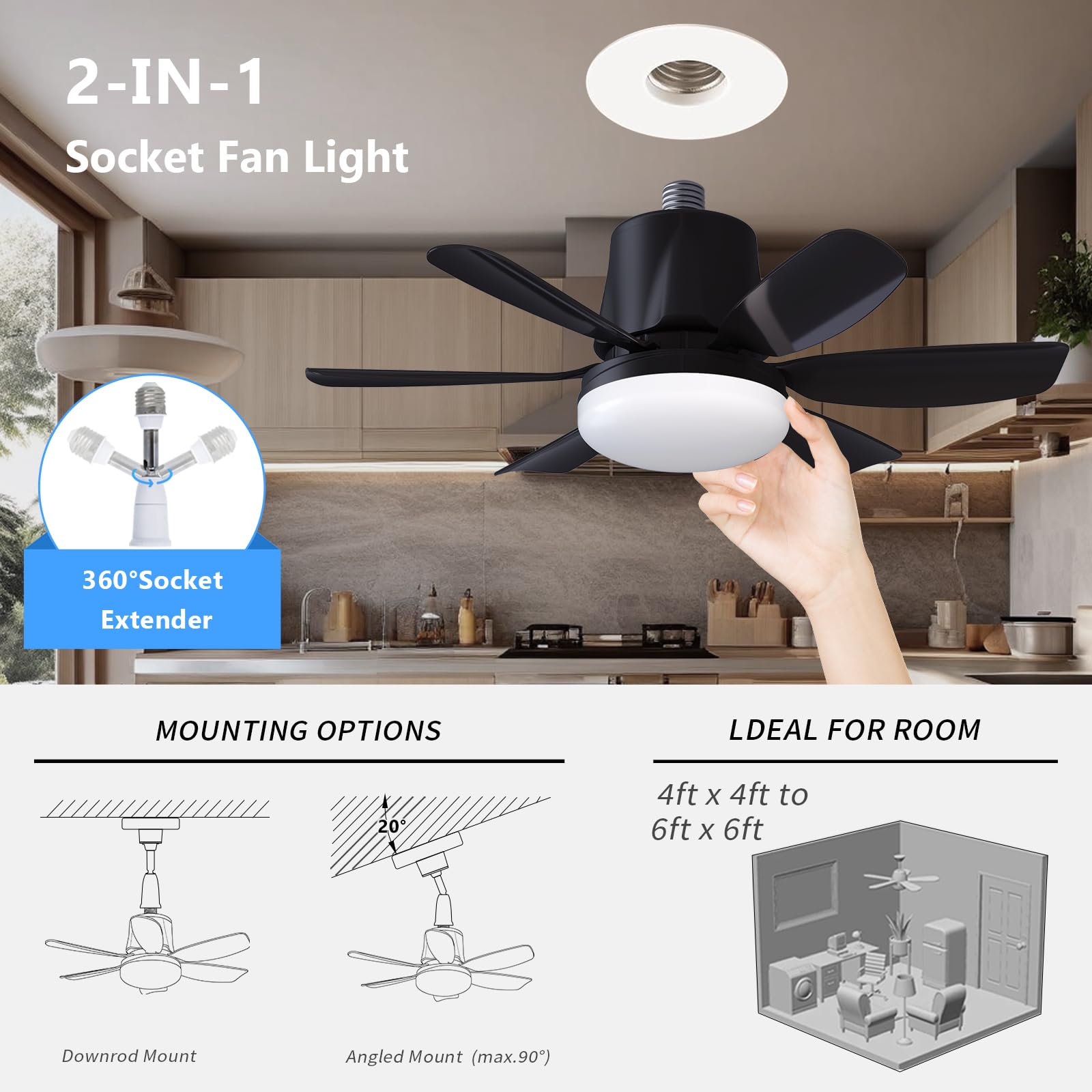 2 In 1 Socket Fan Light and 360° Light Socket Extender, 18.5'' Socket Ceiling Fans with Remote, 3 Colors LED Light Bulb, Screw in Small Ceiling Fan for Bedroom Living Room Kitchen Garage