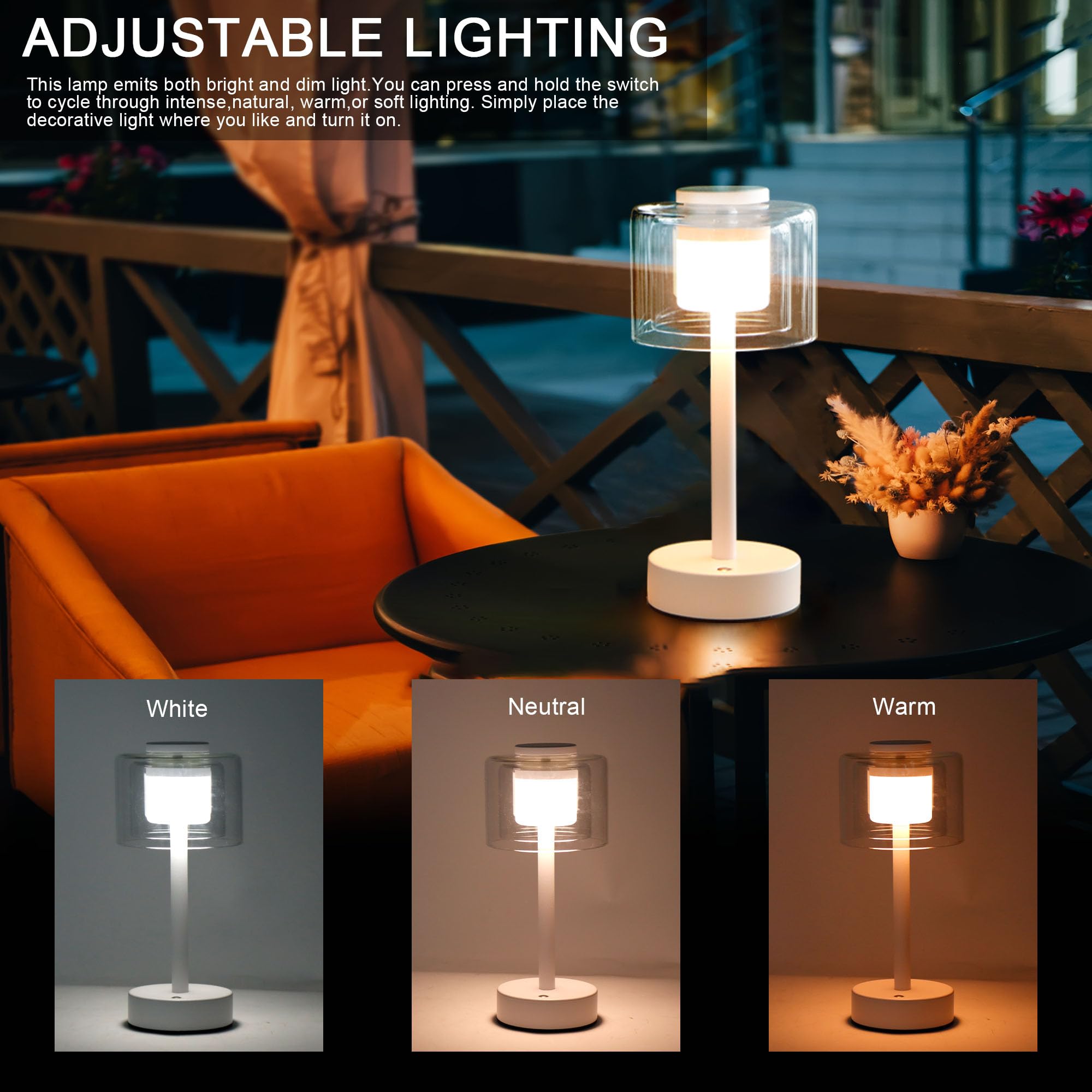 Industrial Touch Control Table Lamp 11"H 3-Way Dimmable Bedside Lamp Rechargeable Nightstand Lamp with Glass Shade for Bedroom Living Room Dining Room Patio Outdoors