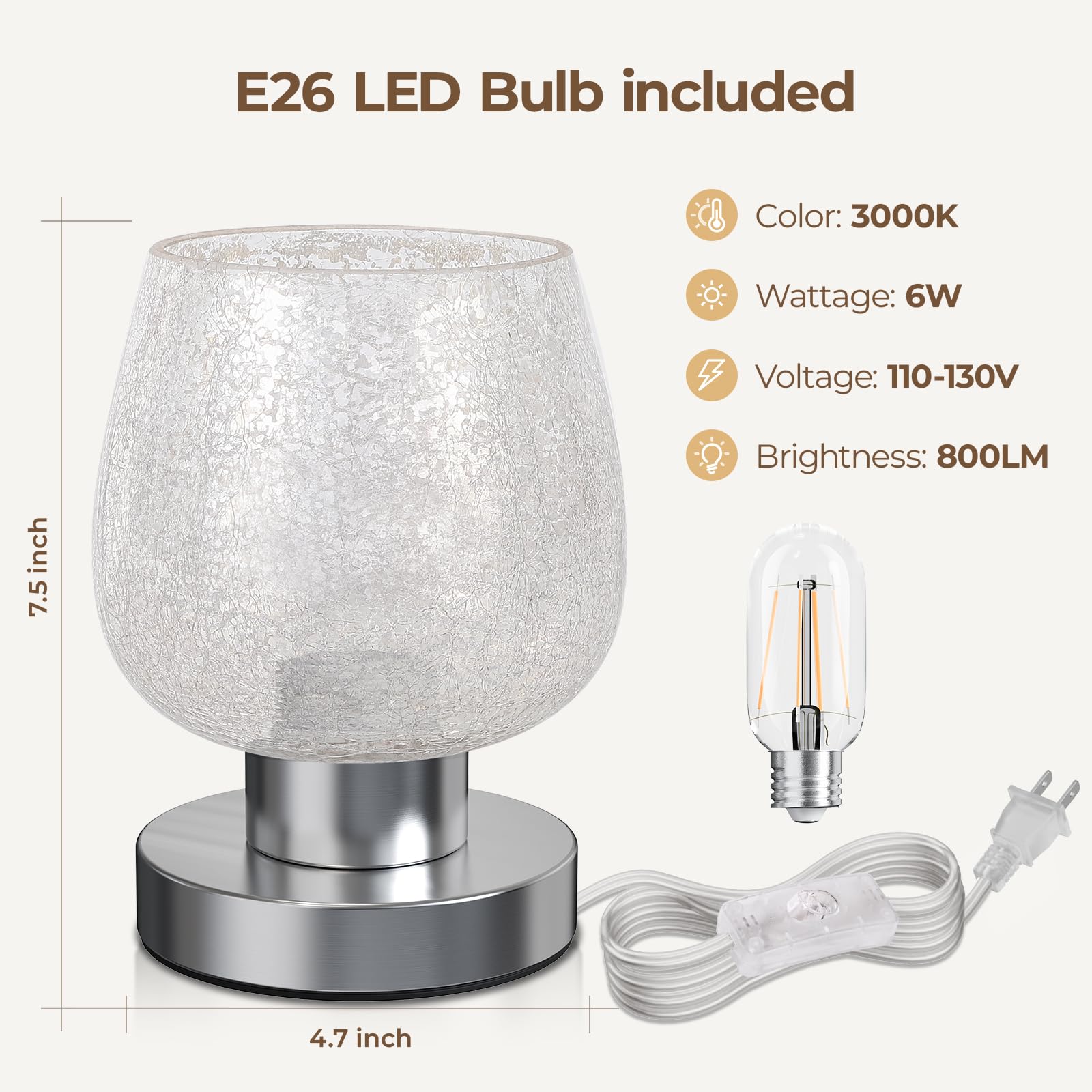 Touch Bedside Table Lamp for Bedroom Nightstand, Vintage Small Touch Lamp with Decorative Stained Glass Shade, Ambient LED Bulb, 3-way Dimmable Nightlight for Read, Retro Holiday Birthday Gifts 
