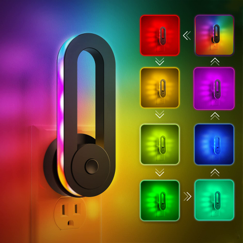 Kids Night Light Plug into Wall, Color Changing , 7 Solid Colors + RGB Color Chasing Nightlight, Dusk to Dawn Sensor, Home Decor for Party Hallway Bedroom 